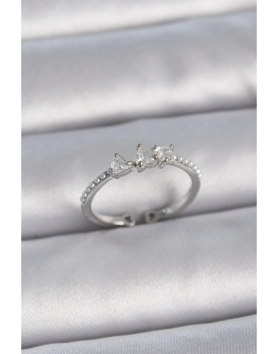 ® Pirinç Gümüş Renk Zirkon Taşlı Kalp İnci Detay Ayarlanabilir Model Kadın Yüzük