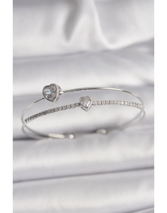 ® Pirinç Gümüş Renk Zirkon Taşlı Kalp Model Kadın Bileklik
