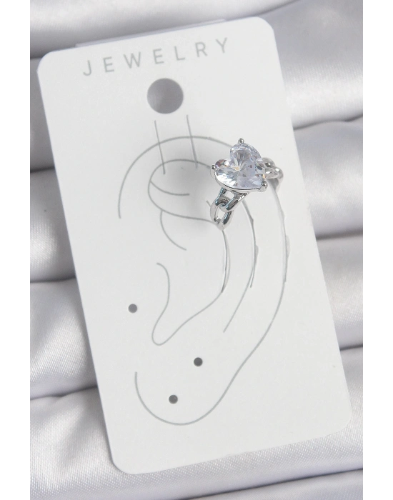 ® Pirinç Gümüş Renk Zirkon Taşlı Kalp Model Kadın Kıkırdak Küpe