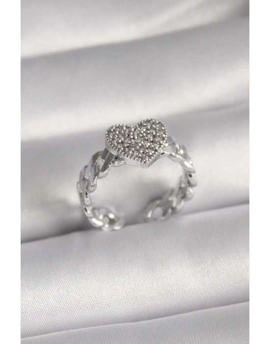 ® Pirinç Gümüş Renk Zirkon Taşlı Kalp Model Kadın Yüzük