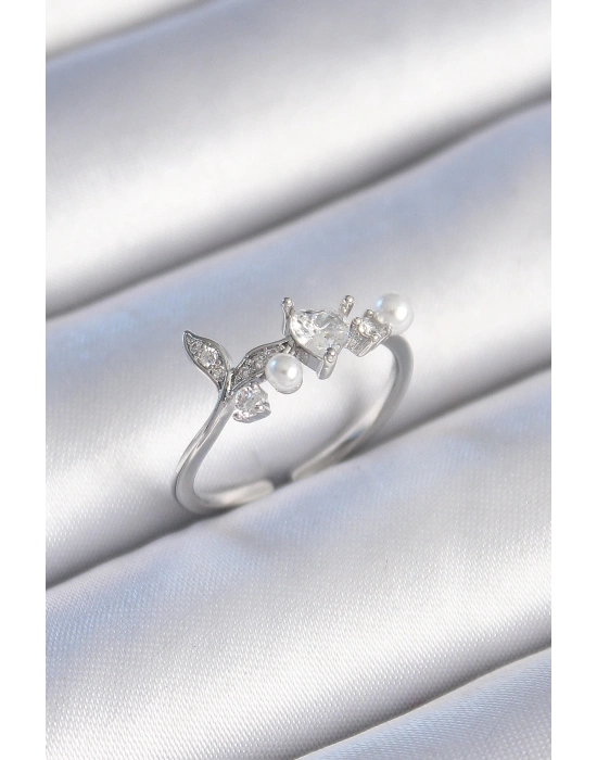 ® Pirinç Gümüş Renk Zirkon Taşlı Kalp Yaprak Model İnci Detay Kadın Yüzük