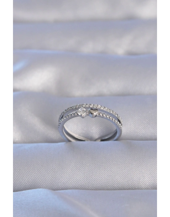 ® Pirinç Gümüş Renk Zirkon Taşlı Kalpli Su Yolu Model Ayarlanabilir Yüzük