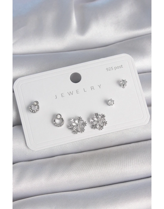 ® Pirinç Gümüş Renk Zirkon Taşlı Kar Tanesi Model 925 Ayar Gümüş Çivi Kadın Küpe Seti