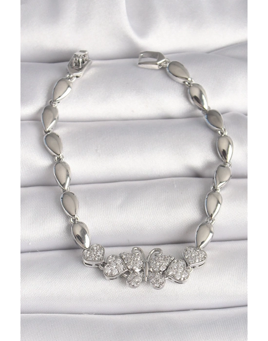 ® Pirinç Gümüş Renk Zirkon Taşlı Kelebek Figür Damla Zincir Model Kadın Bileklik