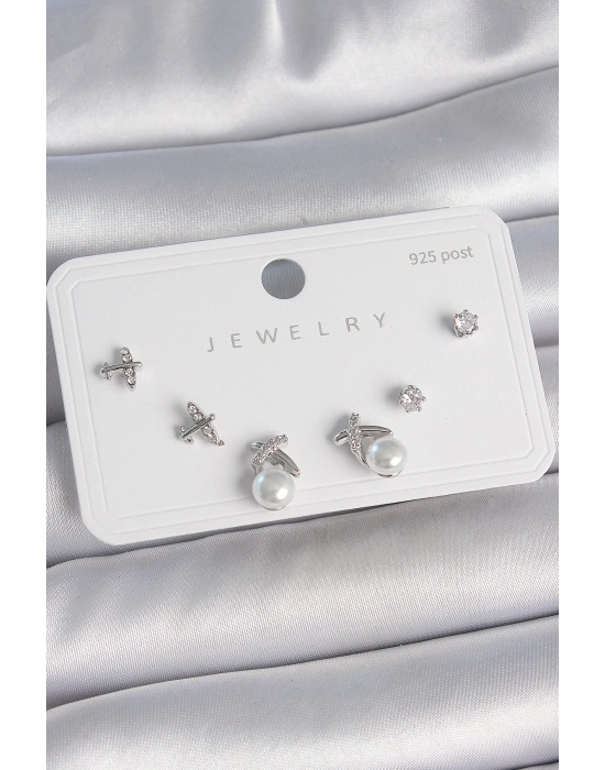 ® Pirinç Gümüş Renk Zirkon Taşlı Kelebek Model İnci Detay 925 Ayar Gümüş Çivi Kadın Küpe Seti