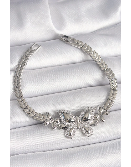 ® Pirinç Gümüş Renk Zirkon Taşlı Kelebek Model Kadın Bileklik