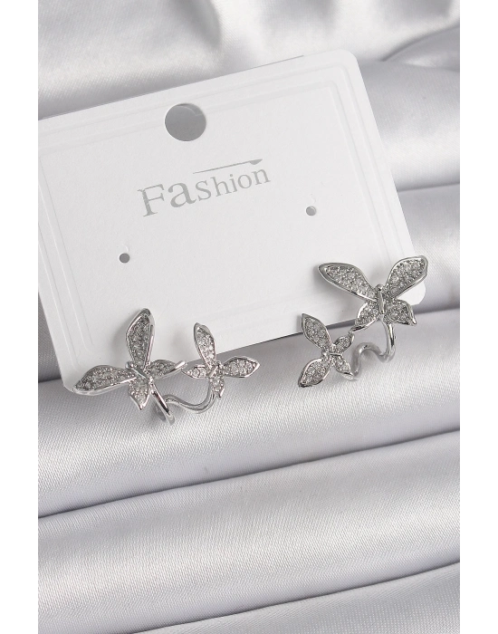 ® Pirinç Gümüş Renk Zirkon Taşlı Kelebek Model Kadın Küpe