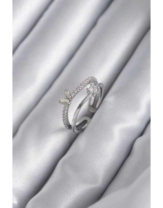 ® Pirinç Gümüş Renk Zirkon Taşlı Kelebek Model Kadın Yüzük