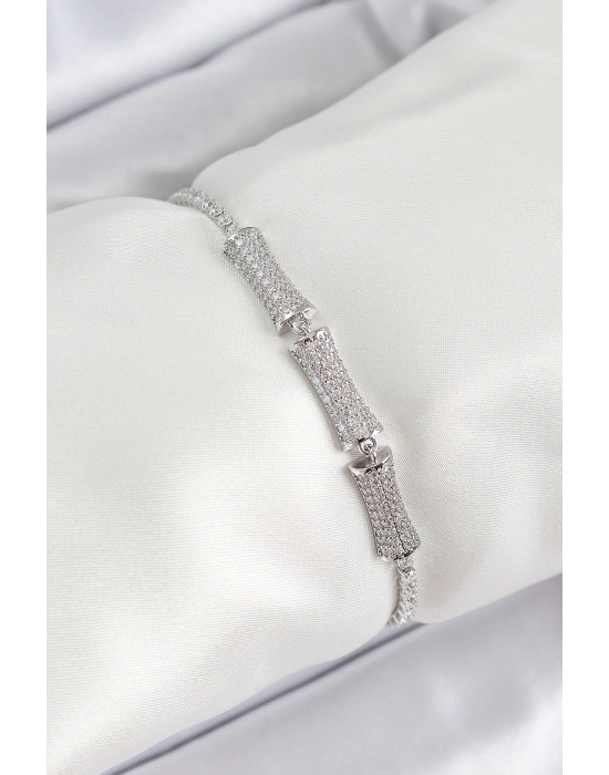 ® Pirinç Gümüş Renk Zirkon Taşlı Kemik Model Kadın Bileklik