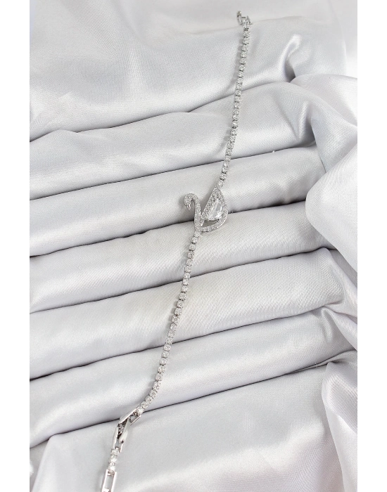 ® Pirinç Gümüş Renk Zirkon Taşlı Kuğu Model Kadın Bileklik