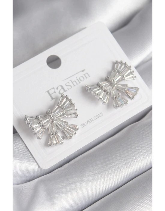 ® Pirinç Gümüş Renk Zirkon Taşlı Kurdele Model Kadın Küp