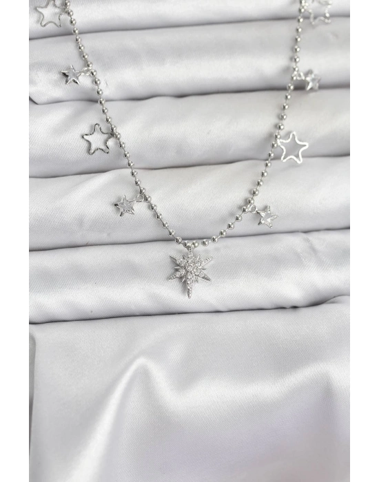 ® Pirinç Gümüş Renk Zirkon Taşlı Kutup Yıldızı Model Kadın Kolye