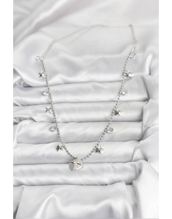 ® Pirinç Gümüş Renk Zirkon Taşlı Kutup Yıldızı Model Kadın Kolye