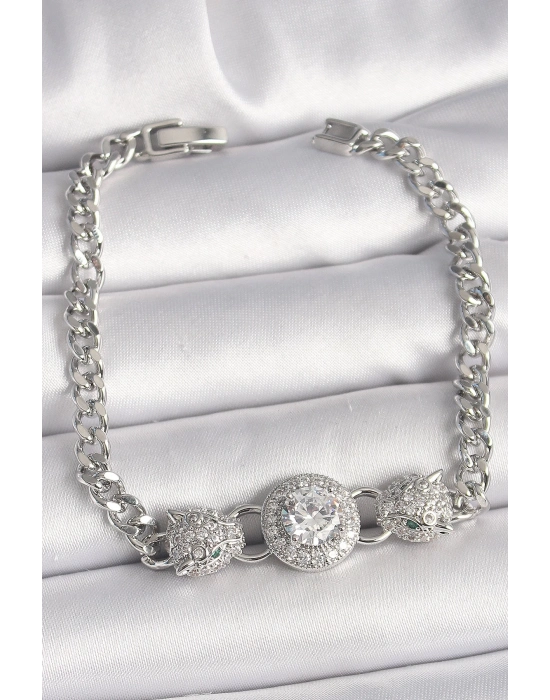 ® Pirinç Gümüş Renk Zirkon Taşlı Leopar Figür Zincir Model Kadın Bileklik