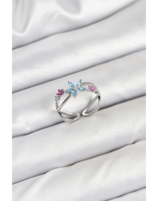 ® Pirinç Gümüş Renk Zirkon Taşlı Mavi Çiçekli Kadın Yüzük