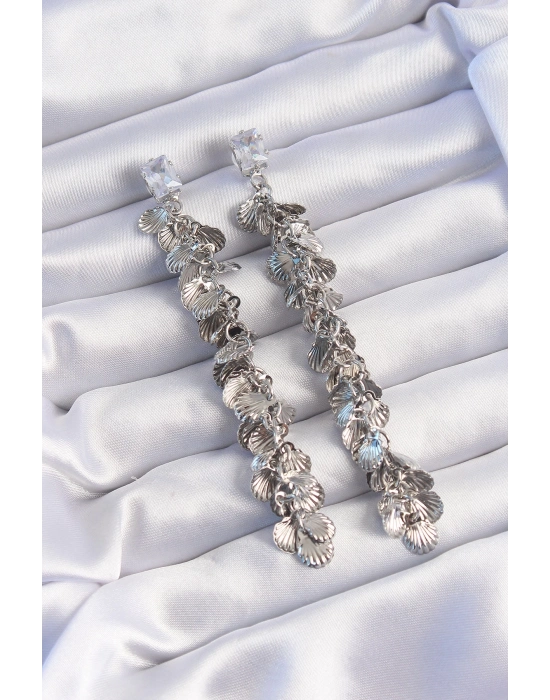 ® Pirinç Gümüş Renk Zirkon Taşlı Minimal Deniz Kabuklu Sallantılı Küpe