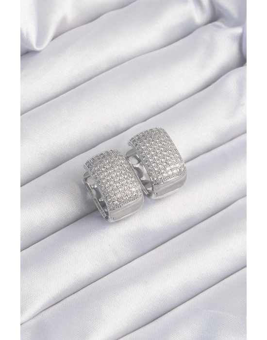 ® Pirinç Gümüş Renk Zirkon Taşlı Minimal Halka Küpe