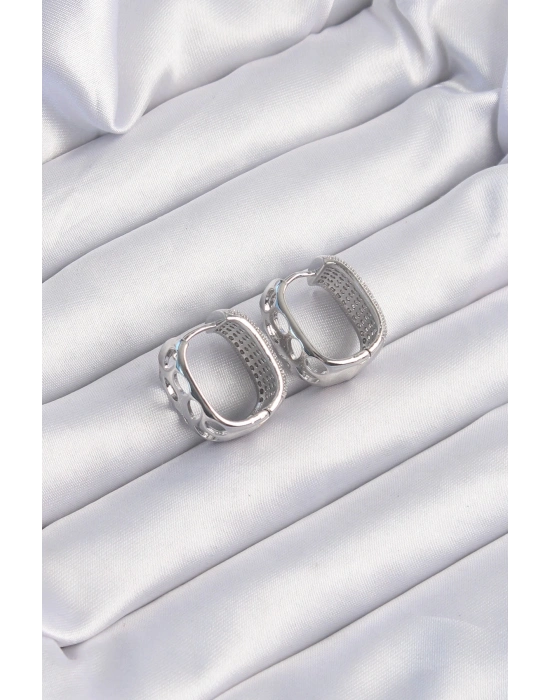 ® Pirinç Gümüş Renk Zirkon Taşlı Minimal Halka Küpe