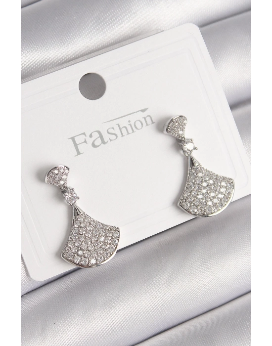 ® Pirinç Gümüş Renk Zirkon Taşlı Motif Model Kadın Küpe