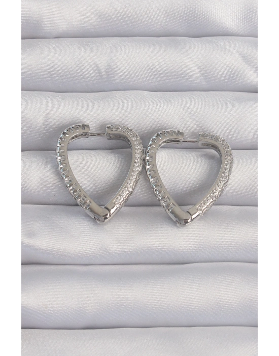® Pirinç Gümüş Renk Zirkon Taşlı Motifli Kalp Küpe