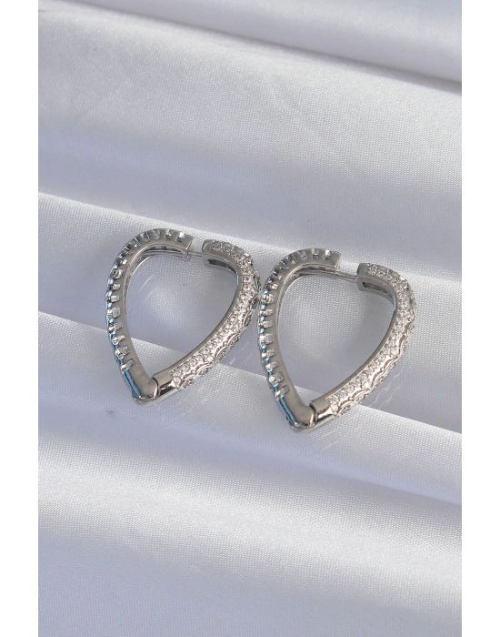 ® Pirinç Gümüş Renk Zirkon Taşlı Motifli Kalp Küpe