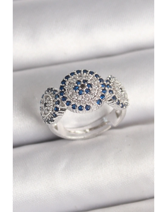 ® Pirinç Gümüş Renk Zirkon Taşlı Nazar Boncuk Model Ayarlanabilir Kadın Yüzük