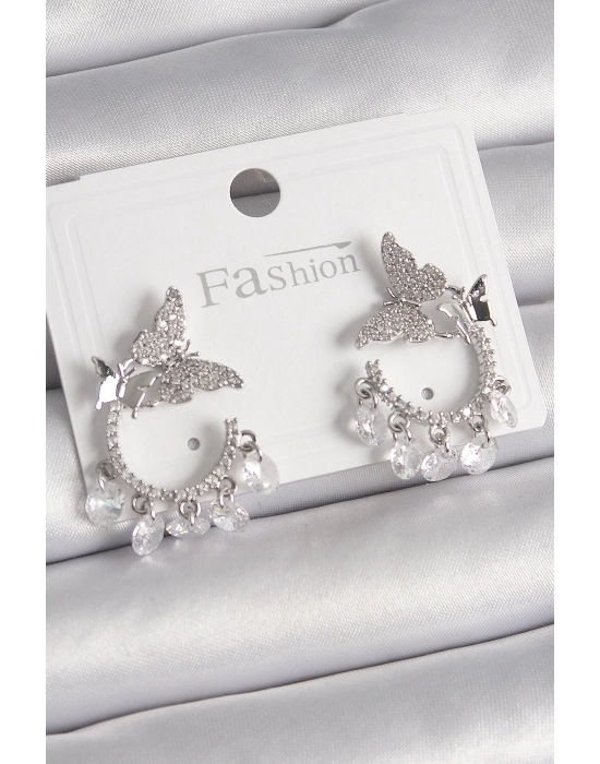 ® Pirinç Gümüş Renk Zirkon Taşlı Sallantı Detay Kelebek Model Kadın Küpe