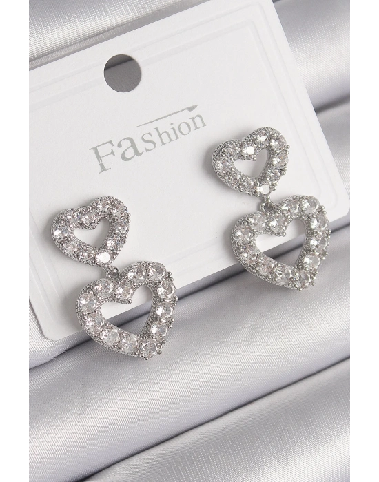 ® Pirinç Gümüş Renk Zirkon Taşlı Sallantı Kalp Model Kadın Küpe