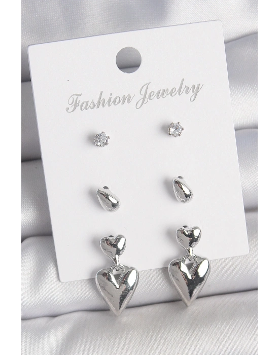 ® Pirinç Gümüş Renk Zirkon Taşlı Sallantılı Kalp Model 3 Çift Kadın Küpe Seti