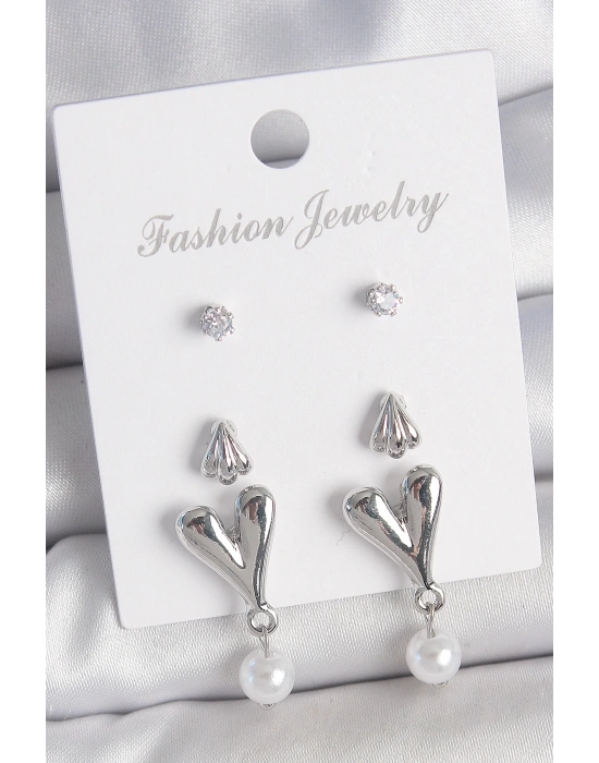 ® Pirinç Gümüş Renk Zirkon Taşlı Sallantılı Kalp Model 3 Çift Kadın Küpe Seti