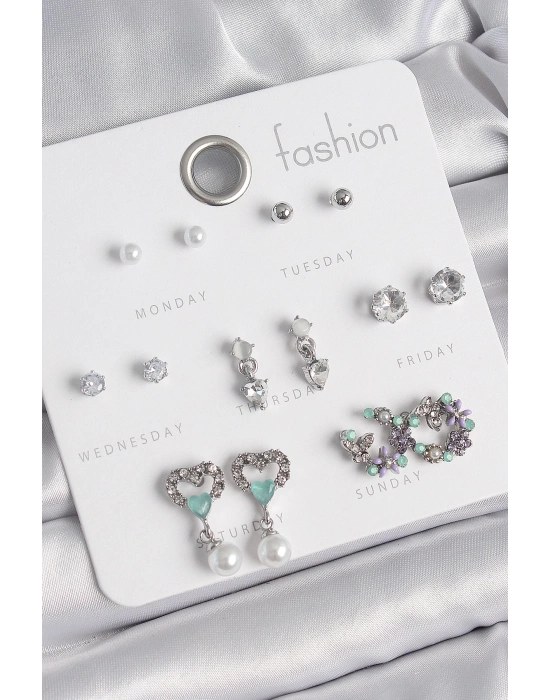 ® Pirinç Gümüş Renk Zirkon Taşlı Sallantılı Kalp Model Çiçek Detay 7 Çift Kadın Küpe Seti