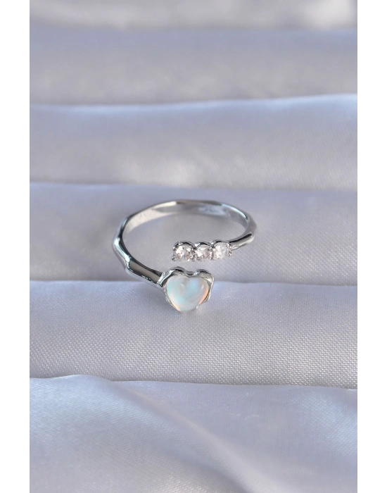 ® Pirinç Gümüş Renk Zirkon Taşlı Sedefli Kalp Model Ayarlanabilir Yüzük