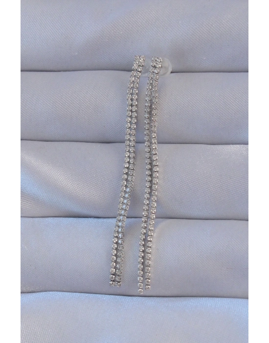 ® Pirinç Gümüş Renk Zirkon Taşlı Su Yolu Model Küpe