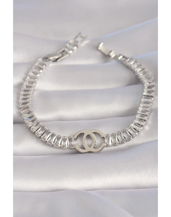 ® Pirinç Gümüş Renk Zirkon Taşlı Su Yolu Model VIP Seri Kadın Bileklik