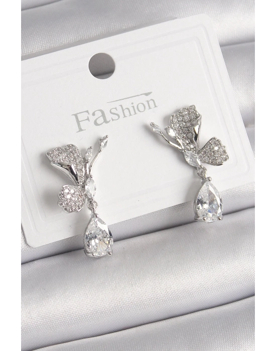 ® Pirinç Gümüş Renk Zirkon Taşlı Turna Kuşu Model Sallantı Detay Kadın Küpe