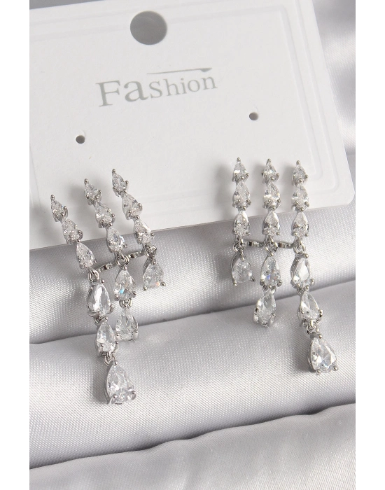 ® Pirinç Gümüş Renk Zirkon Taşlı Yağmur Model Kadın Küpe