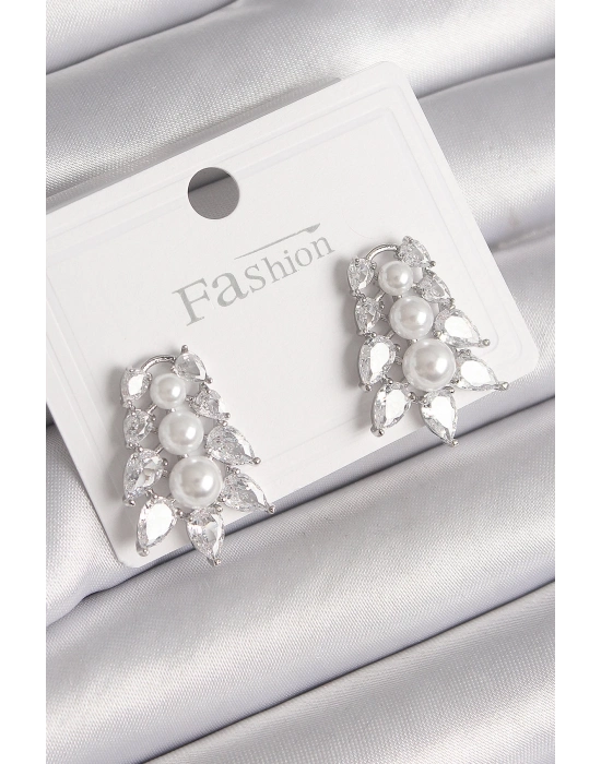 ® Pirinç Gümüş Renk Zirkon Taşlı Yaprak Model İnci Detay Kadın Küpe