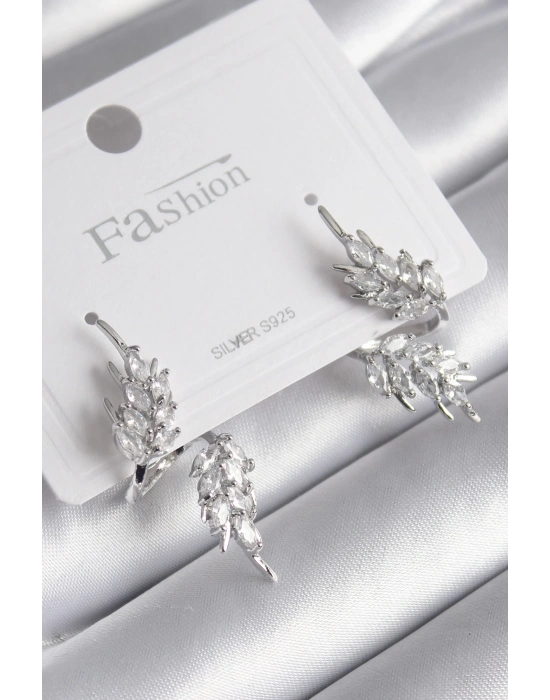 ® Pirinç Gümüş Renk Zirkon Taşlı Yaprak Model Kadın Küpe