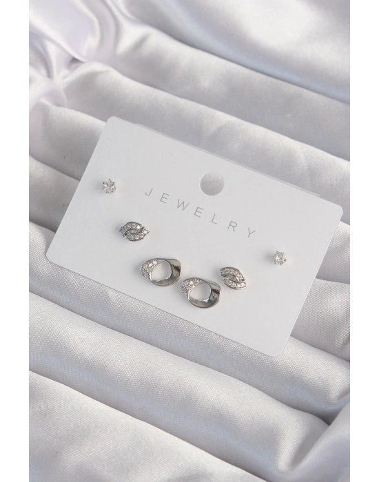 ® Pirinç Gümüş Renk Zirkon Taşlı Yaprak Model Küpe Seti