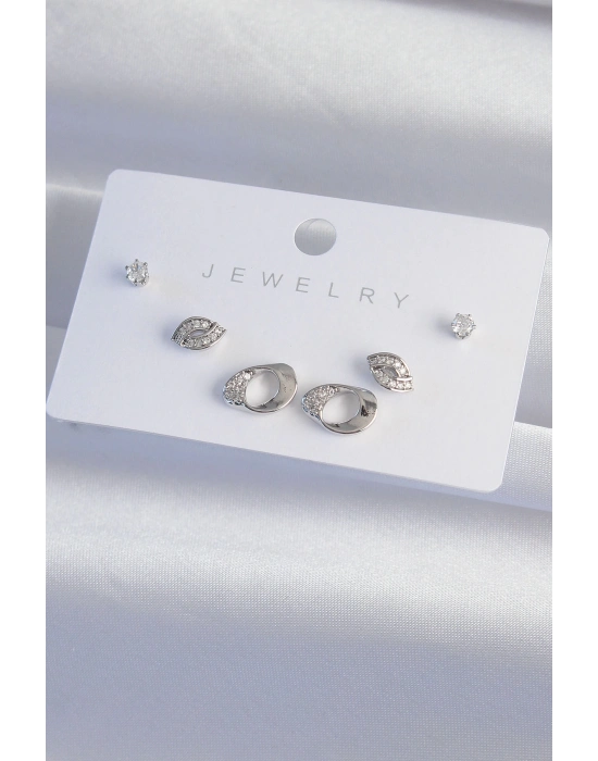 ® Pirinç Gümüş Renk Zirkon Taşlı Yaprak Model Küpe Seti