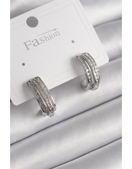 ® Pirinç Gümüş Renk Zirkon Taşlı Yarım Halka Model Kadın Küpe