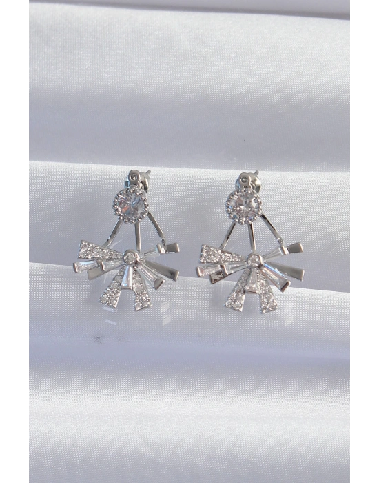 ® Pirinç Gümüş Renk Zirkon Taşlı Yassı Fiyonk Model Küpe