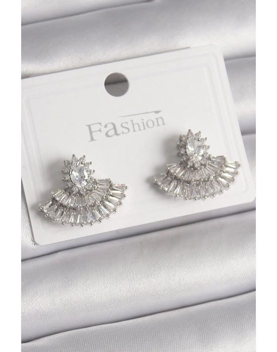 ® Pirinç Gümüş Renk Zirkon Taşlı Yelpaze Model Kadın Küpe