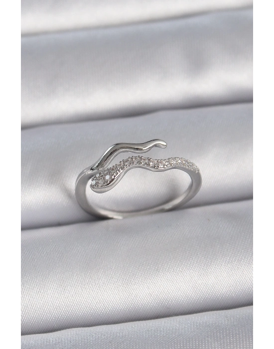 ® Pirinç Gümüş Renk Zirkon Taşlı Yılan Ayarlanabilir Model Kadın Yüzük
