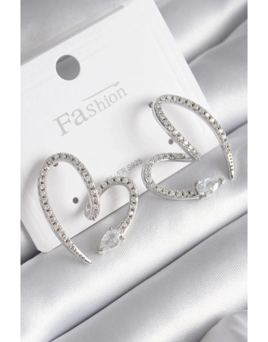 ® Pirinç Gümüş Renk Zirkon Taşlı Yılan Kalp Model Kadın Küpe
