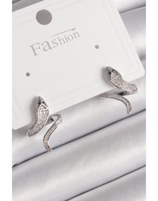 ® Pirinç Gümüş Renk Zirkon Taşlı Yılan Model Kadın Küpe