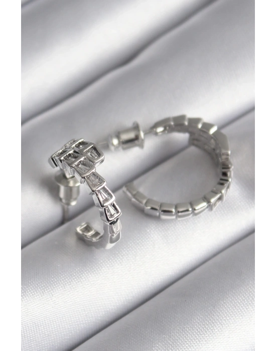 ® Pirinç Gümüş Renk Zirkon Taşlı Yılan Model Kadın Küpe