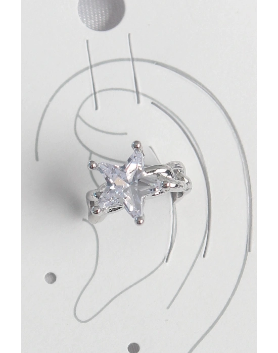 ® Pirinç Gümüş Renk Zirkon Taşlı Yıldız Model Kadın Kıkırdak Küpe