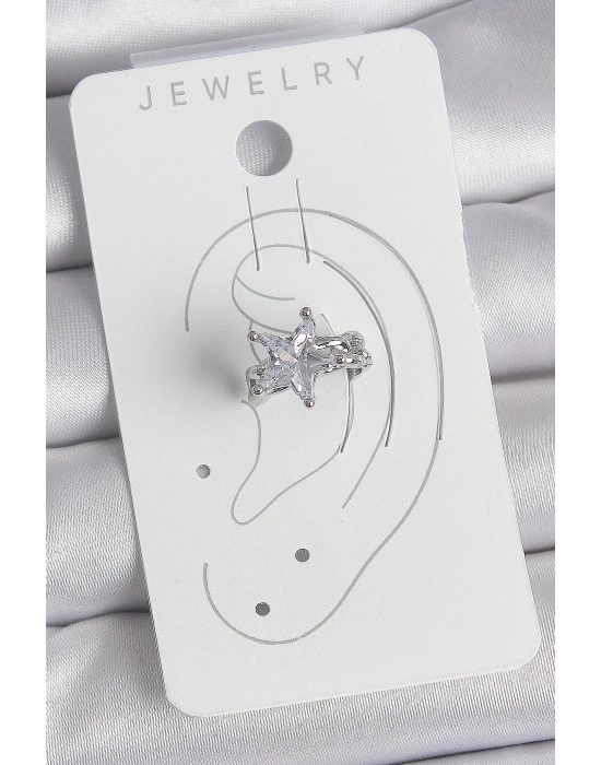 ® Pirinç Gümüş Renk Zirkon Taşlı Yıldız Model Kadın Kıkırdak Küpe