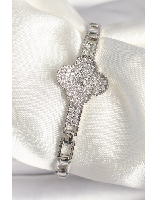 ® Pirinç Gümüş Renk Zirkon Taşlı Yonca Model Kadın Bileklik